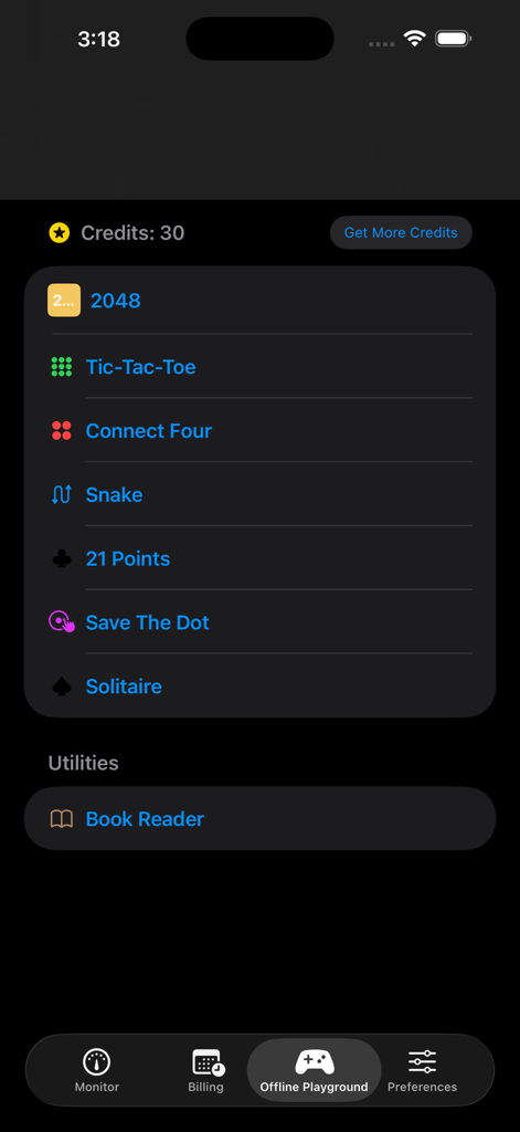 DataWidget App-Bildschirm, der den "Offline Playground" mit einer Liste von Minispielen und einem Buchleser-Dienstprogramm anzeigt