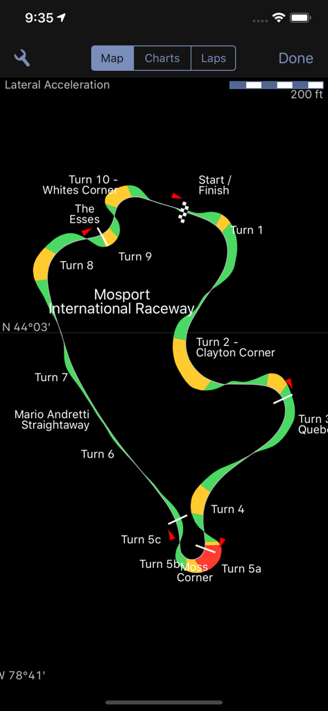 Racetrack map of Mosport International Raceway with color coded lateral acceleration telemetry data