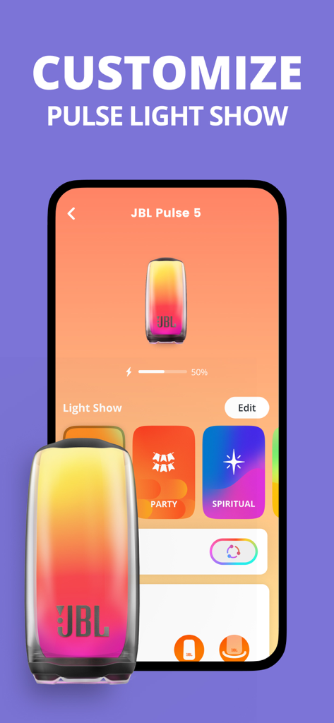 JBL Portable app screen for customizing the light show on a Pulse 5 speaker