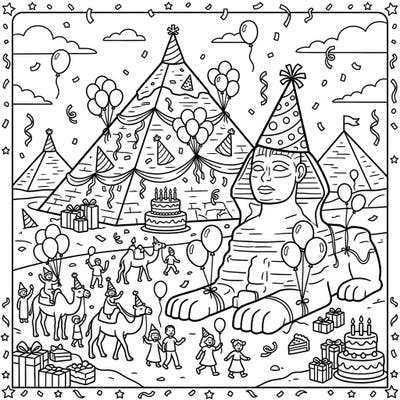 Journey to ancient Egypt for a festive celebration with this unique Giza Necropolis birthday coloring page. Imagine the pyramids and the Sphinx decked out for a party, complete with balloons, cakes, and cheerful guests.