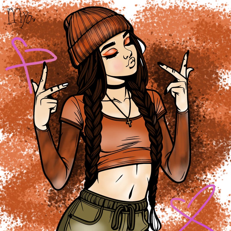 realistic teenage girl with braids and a beanie and crop top doing 🫶🏼
