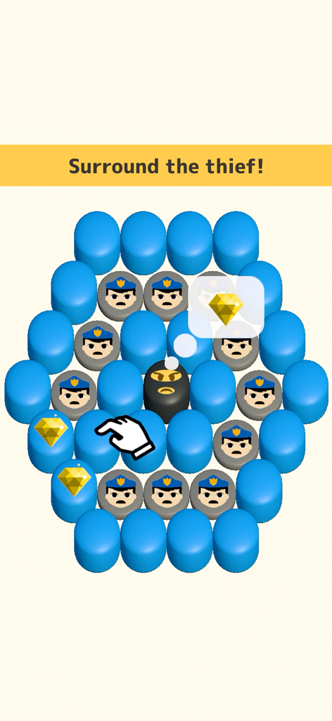 Protect It: Surround the Thief - Gameplay screenshot of Protect It Surround the Thief showing a grid with a thief character and police icons