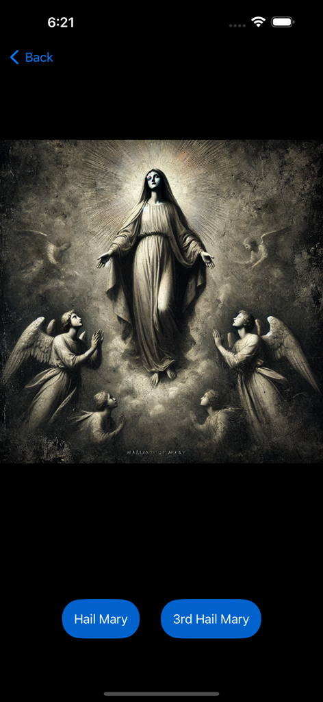 Little Crown of Mary - Spiritual illustration of the Virgin Mary surrounded by angels with prayer navigation buttons