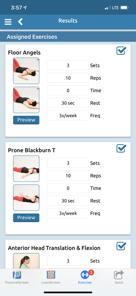 A list of corrective exercises in PostureScreen Mobile including sets and repetitions for clinical rehabilitation