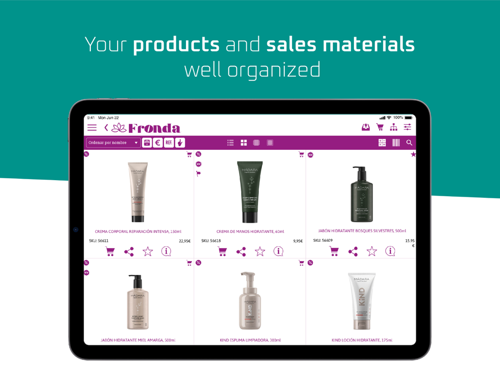 Un iPad mostrando un catálogo de productos digital organizado para la habilitación de ventas B2B