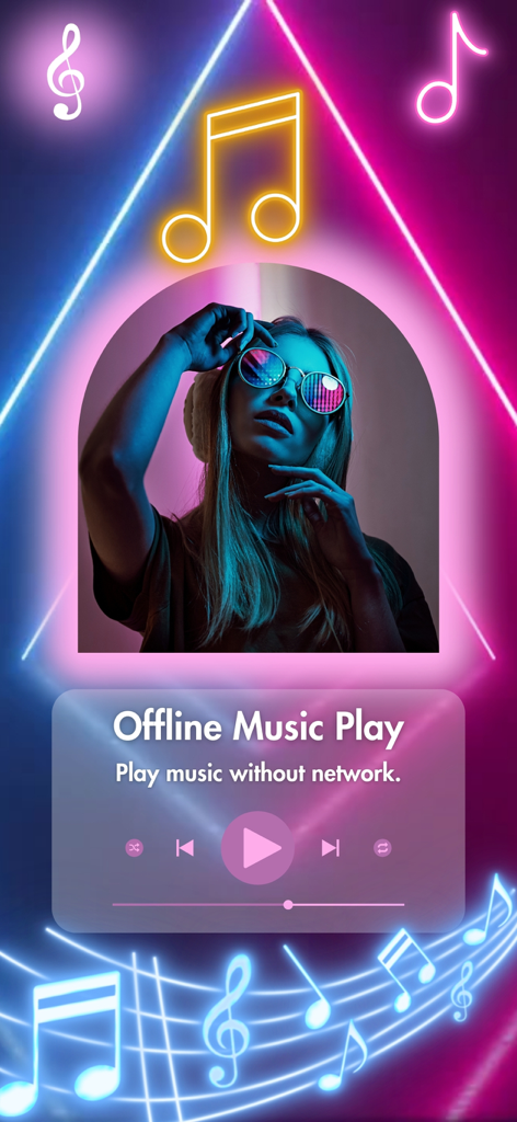 Karaoke Offline: Music Player - Neon themed interface of the Karaoke Offline app showing the music player with the text Offline Music Play and Play music without network