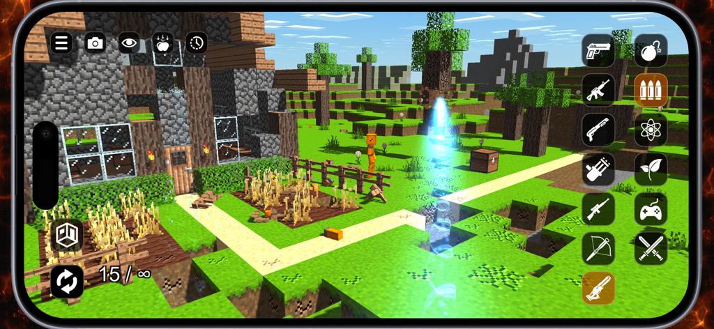 Room Smash - Room Smash gameplay showing a voxel-based sandbox world with destruction weapon menus on the right.