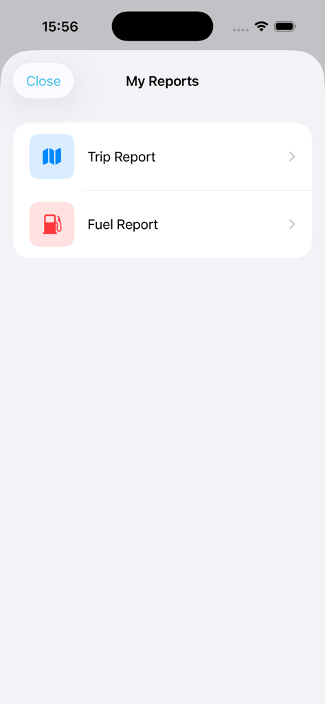 iDrive Truck - Interface of the iDrive Truck app showing the My Reports menu with Trip and Fuel report options.