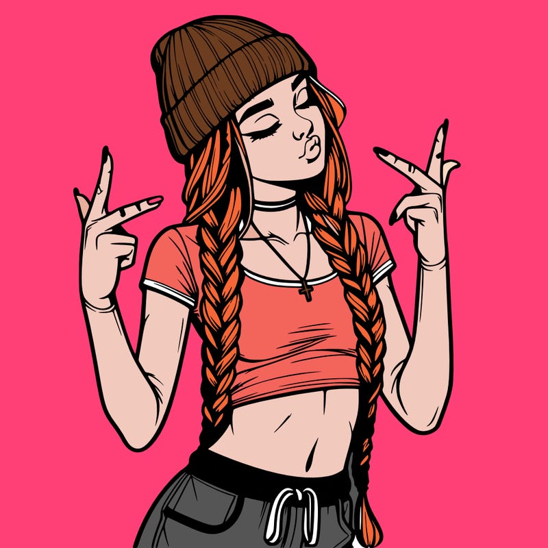 realistic teenage girl with braids and a beanie and crop top doing 🫶🏼