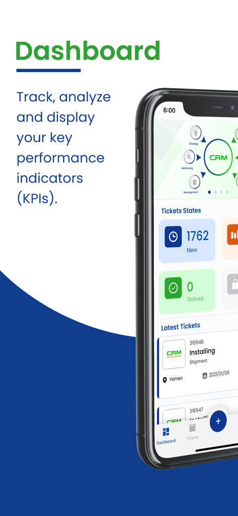 Dashboard der mobilen App mit Ticketstatus und Leistungskennzahlen für die Service-Wartung
