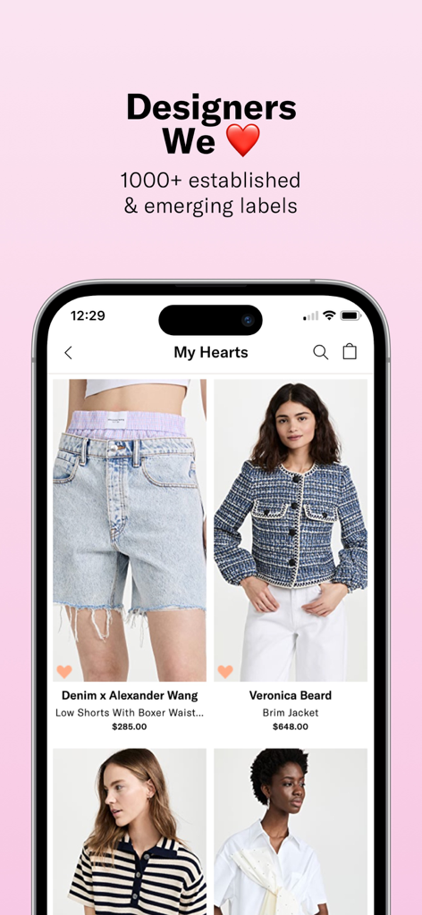 Shopbop app My Hearts wishlist interface displaying designer fashion items and labels