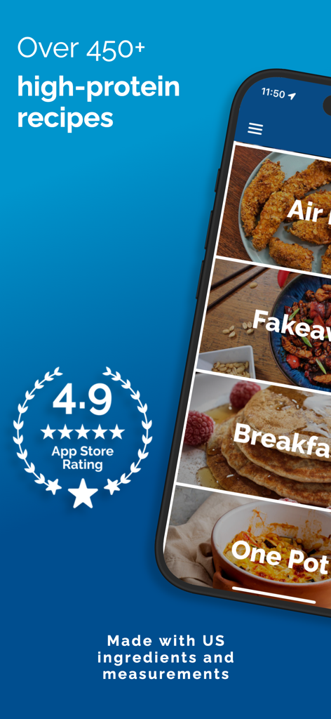 Food For Fitness App-Oberfläche mit Hochprotein-Rezeptkategorien wie Air Fryer und Fakeaway mit einer App-Store-Bewertung von 4,9.