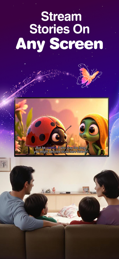 Storytime AI: Story Generator - A family watching an AI generated story on a television screen