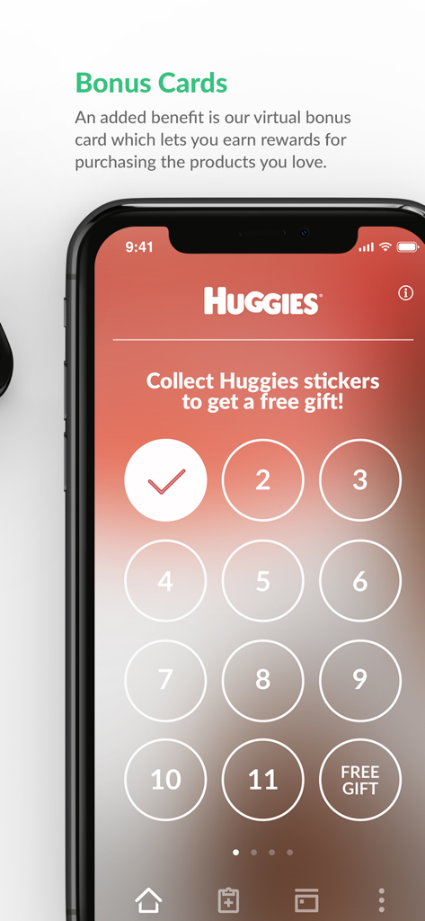 A mobile app screen displaying a virtual loyalty sticker book for Huggies products in the Dis-Chem app.