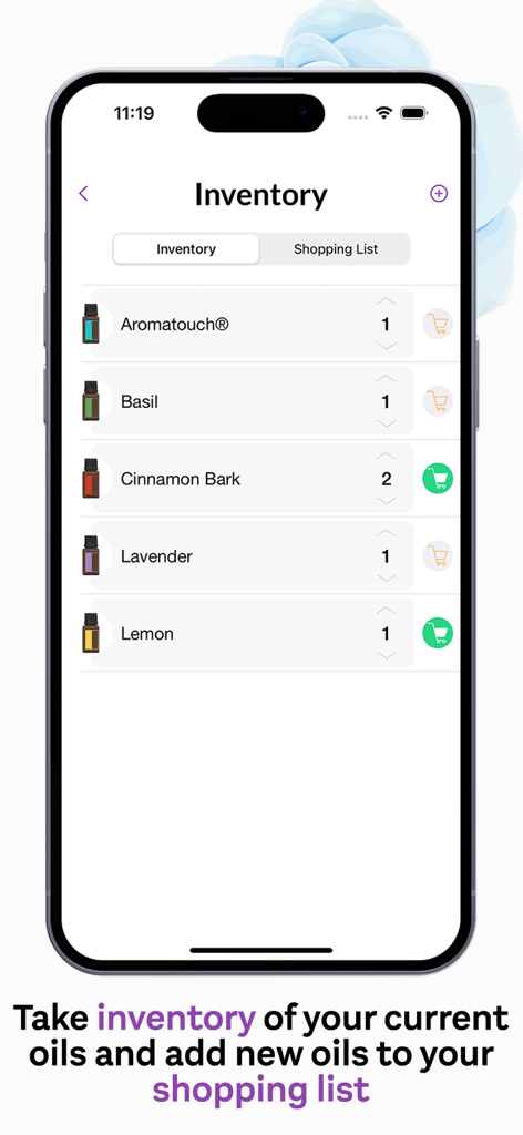 doTERRA Essential Oil Guide - Interface de l'application Essentl, guide des huiles essentielles doTERRA, montrant un inventaire d'huiles comme la lavande et le citron avec une fonctionnalité de liste d'achats.