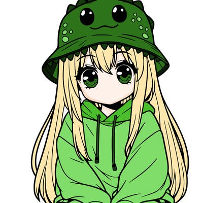 girl with anime shaped eyes with a dinosaur bucket hat oversized sweatshirt long straight hair