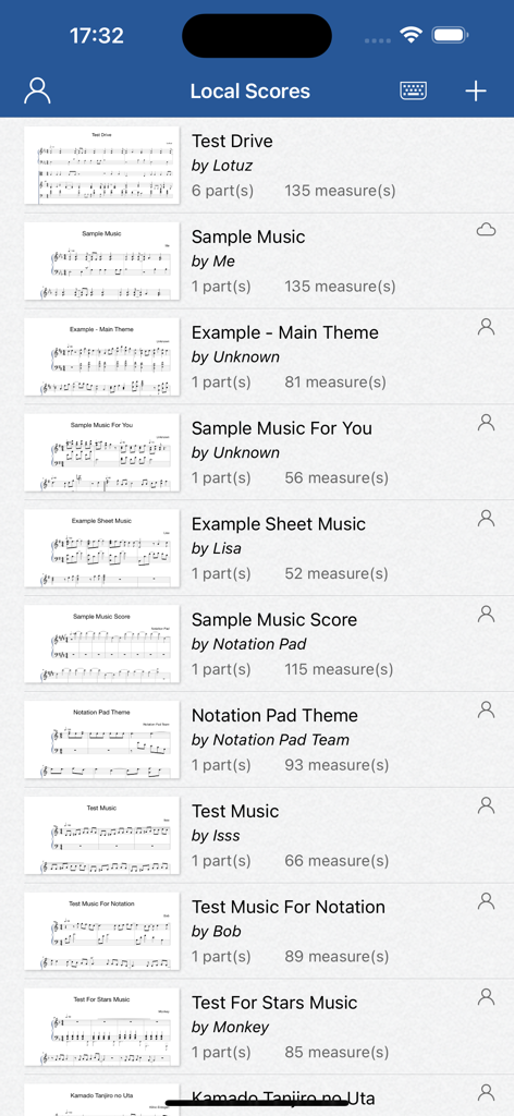 Notation Pad-Sheet Music Score - A library view of saved sheet music scores and compositions within the Notation Pad app interface.