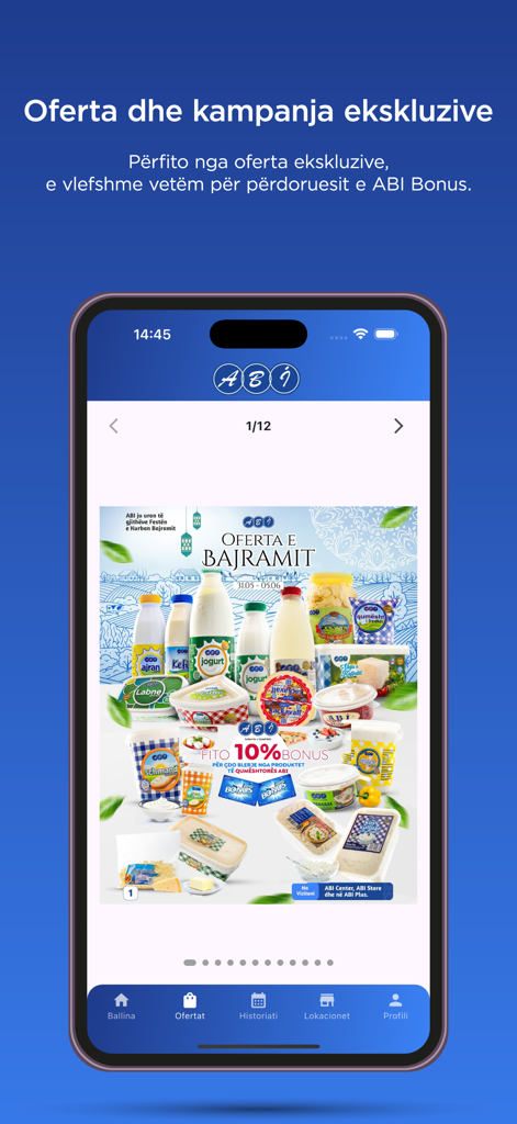 ABI Bonus - ABI Bonus app screen showing exclusive supermarket offers and promotional dairy product flyers
