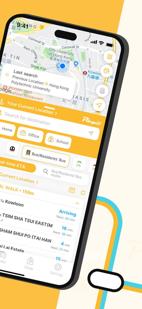 Pokeguide - Your transit guru! - Pokeguide app displaying Hong Kong transit map and real-time bus arrival times