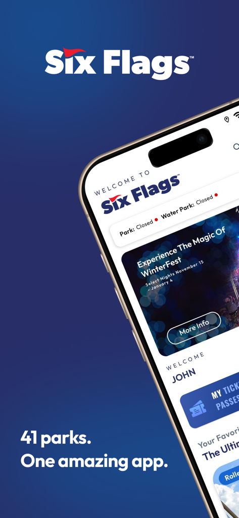 The Six Flags mobile app welcome screen displayed on a smartphone with text that says 41 parks One amazing app