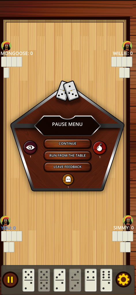 Jamaican Style Dominos Online - A screenshot of the pause menu in the Jamaican Style Dominos Online mobile game showing options to continue or run from the table over a virtual domino match.