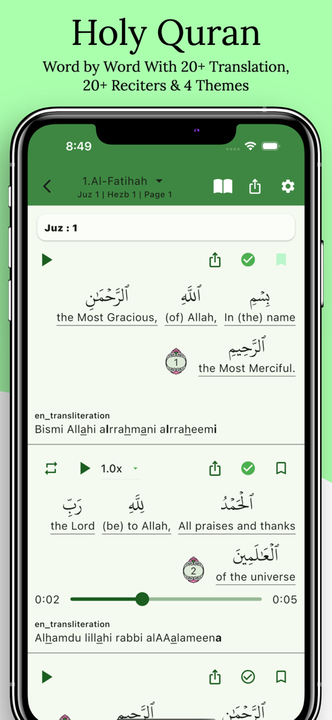 Islamtics: Quran, Qibla & Azan - Mobile interface of the Islamtics app showing the Holy Quran with word by word English translation and transliteration