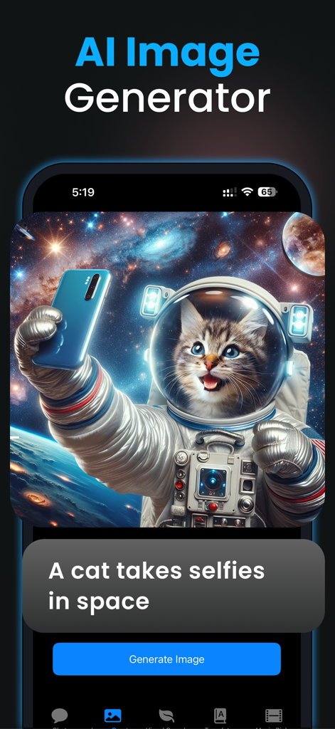 Chat AI+ Ask Chatbot Assistant - Chat AI+ app interface showing an AI-generated image of a cat astronaut taking a selfie in space