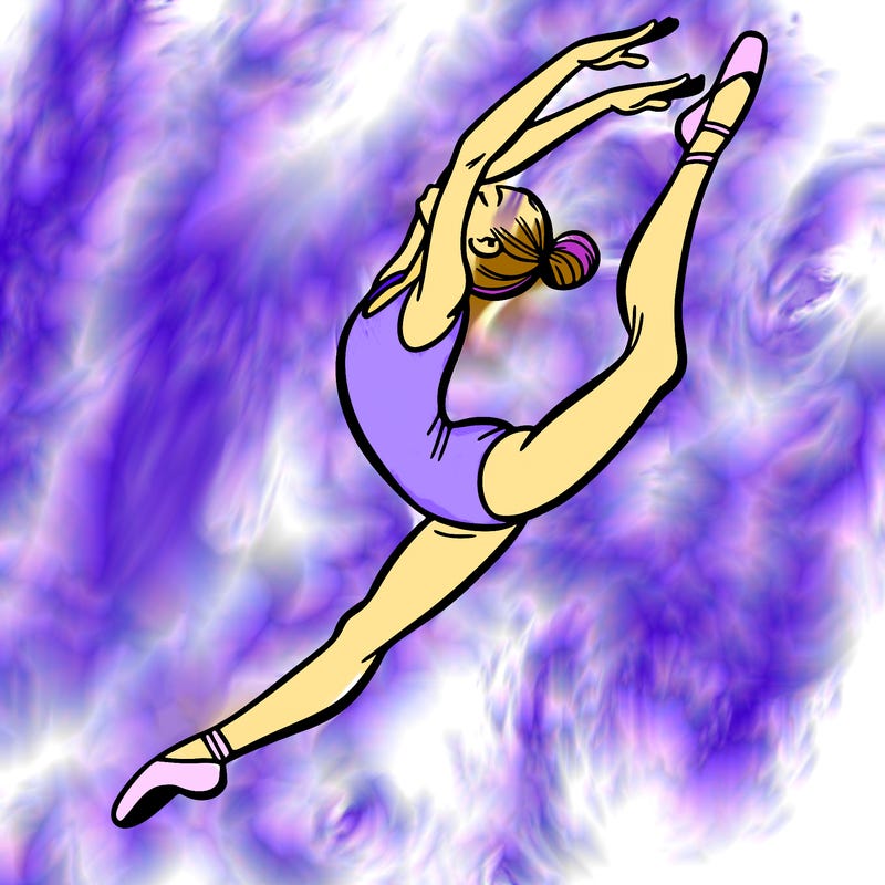 gymnast doing a leap in a leotard with a bent back leg