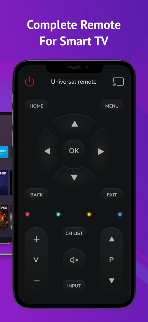 TV Remote - Universal Control• - Smartphone displaying a universal TV remote control interface with various navigation and volume buttons