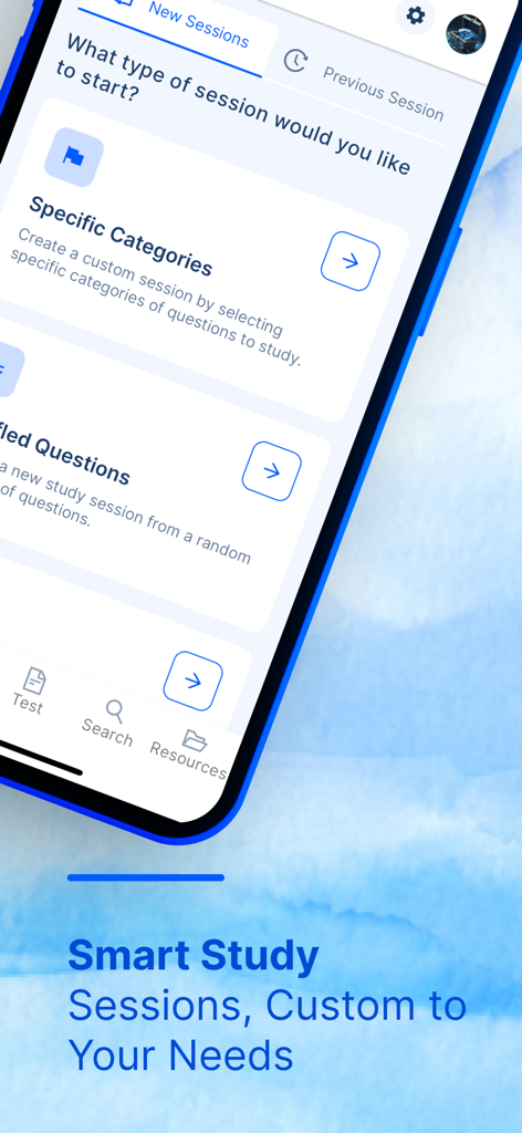 Sea Trials - USCG License Exam - Sea Trials mobile app interface showing smart study session options for USCG license exam preparation.