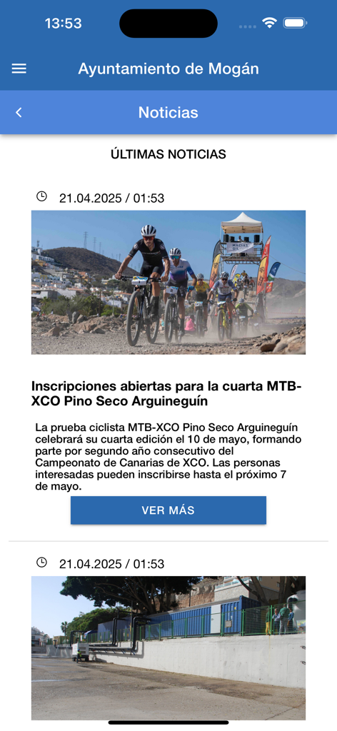 Mogán - Flux d'actualités dans l'application Mogán affichant des événements locaux comme une course de VTT à Arguineguin