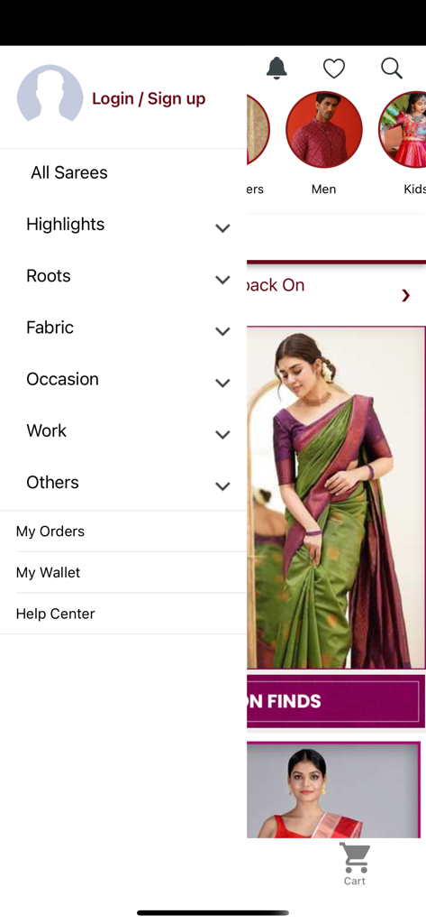 Mirraw Sarees - The Mirraw Sarees mobile app interface showing the sidebar navigation menu with categories like fabric occasion and work