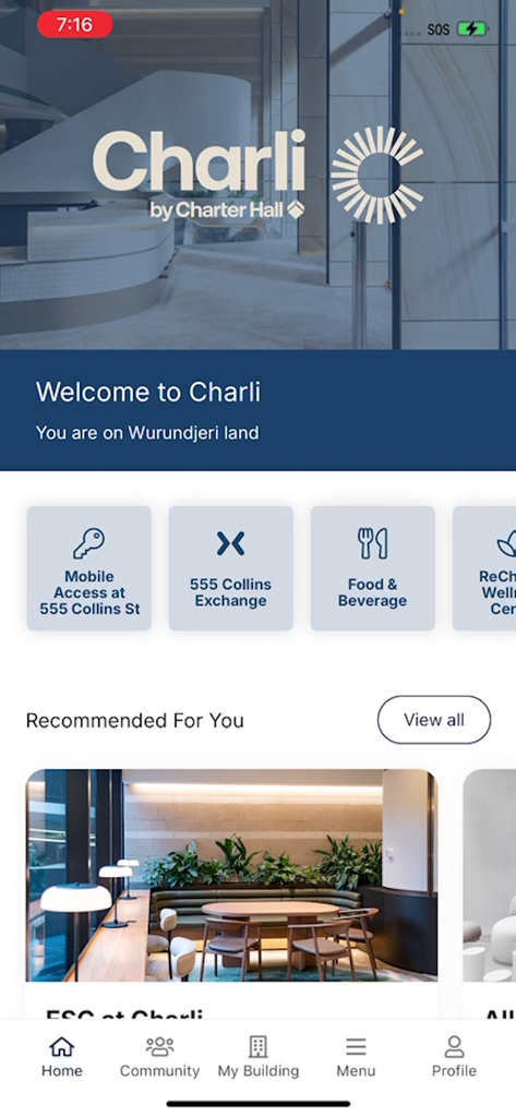 Charli 2.0 - Home screen of the Charli workplace app showing building services like mobile access and food orders