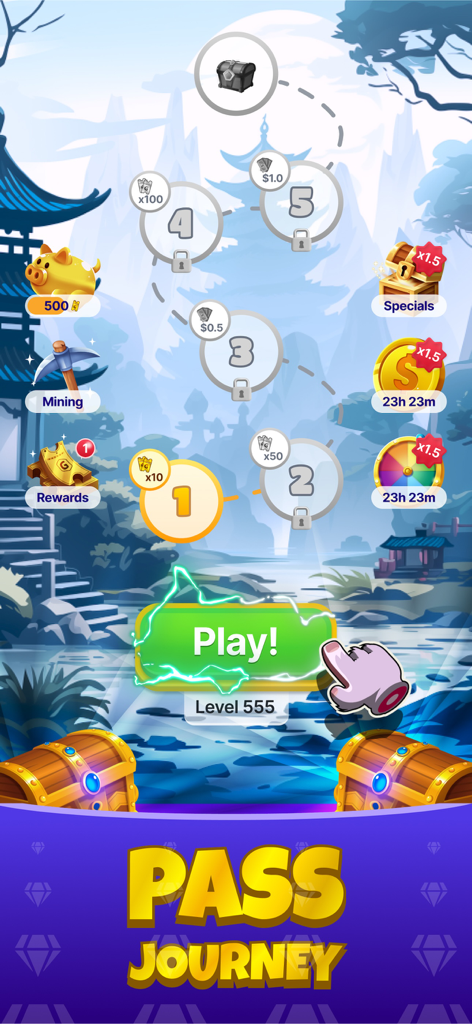 Monkey Match: Earn money game - Monkey Match game screen showing Pass Journey level progression with cash and ticket rewards
