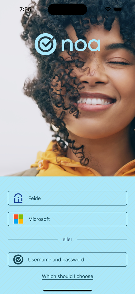 NOA Notice Of Attendance - Login screen of the NOA Notice Of Attendance app showing various sign in options including Microsoft and Feide