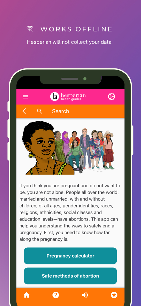 Safe Abortion (SA) - Home screen of the Safe Abortion app featuring a pregnancy calculator and information on safe abortion methods.