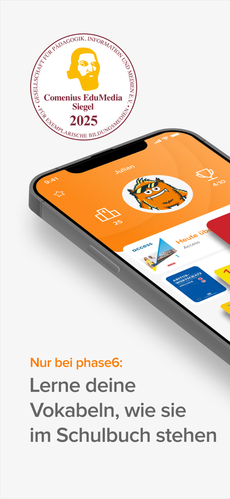 phase6: Practice vocabulary - Un smartphone affichant l'interface de l'application phase6 avec un avatar de monstre et des livres de vocabulaire correspondant aux programmes scolaires avec le label Comenius EduMedia Seal 2025