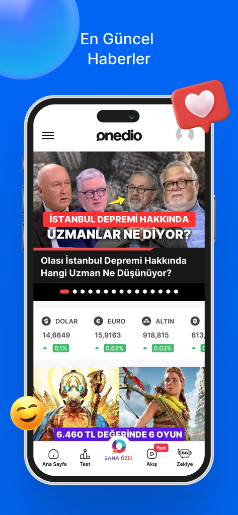 Onedio – İçerik, Haber, Test - Interfaz de la aplicación móvil Onedio que muestra noticias turcas y tasas financieras.