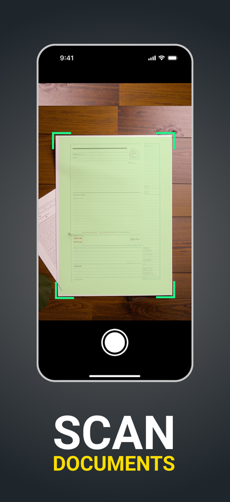 Interface do iPhone do aplicativo FAX online mostrando a ferramenta de scanner de câmera capturando um documento em papel sobre uma mesa de madeira.
