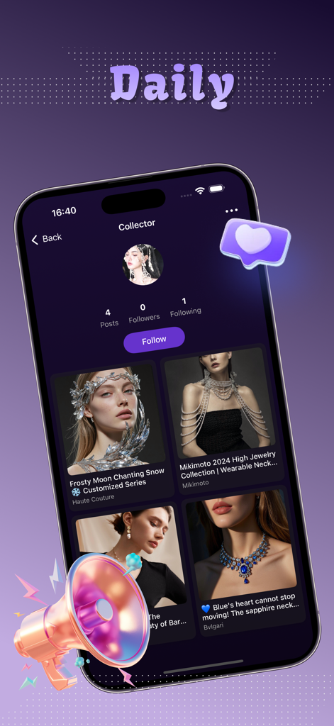 Live Chat，Content Share -Snivo - Eine Profilseite in der Snivo-App, die eine Schmuckgalerie eines Sammlers mit hochwertigen Halsketten und Kopfschmuck zeigt.