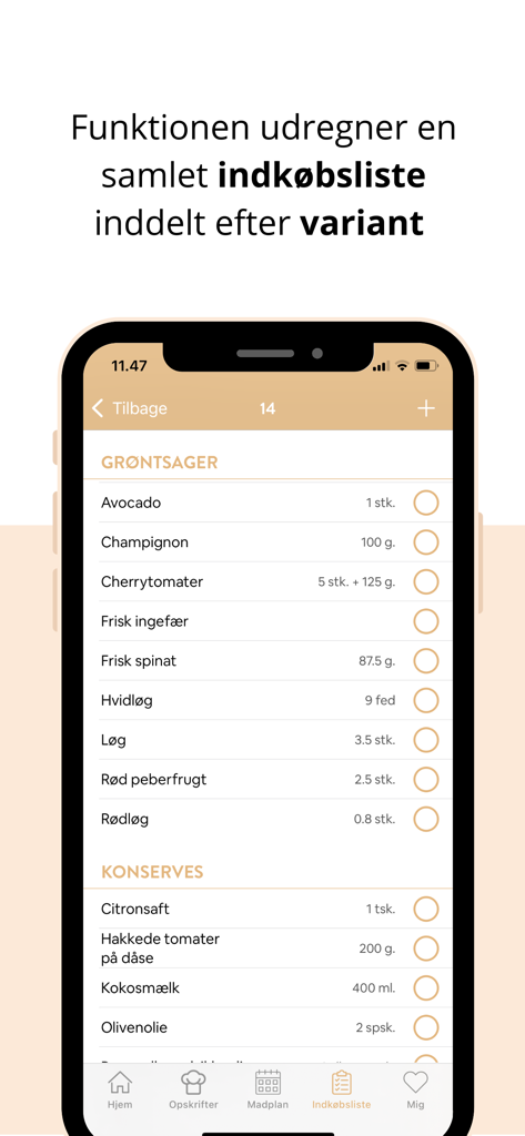Mummum - Mobile app interface of Mummum showing an organized grocery shopping list with ingredients categorized by vegetables and canned goods.