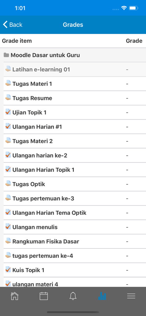 LMS Al Azhar - A list of academic grades and assignments shown within the LMS Al Azhar mobile application interface.