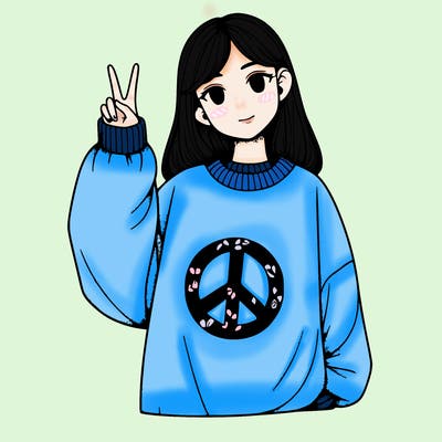 a girl in a oversized sweatshirt with a peace sign realistic