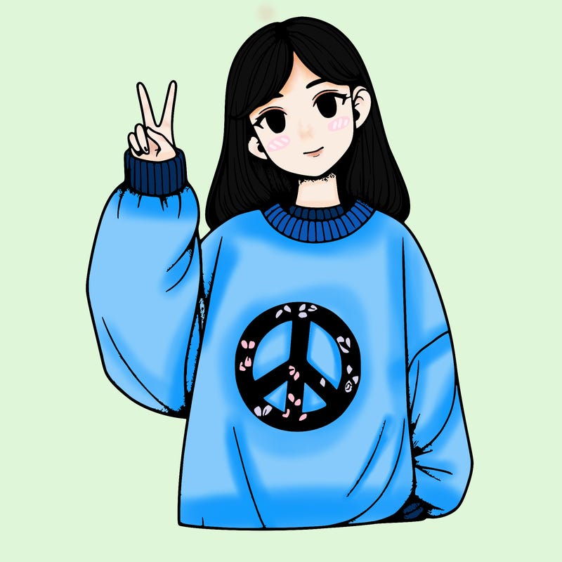 a girl in a oversized sweatshirt with a peace sign realistic