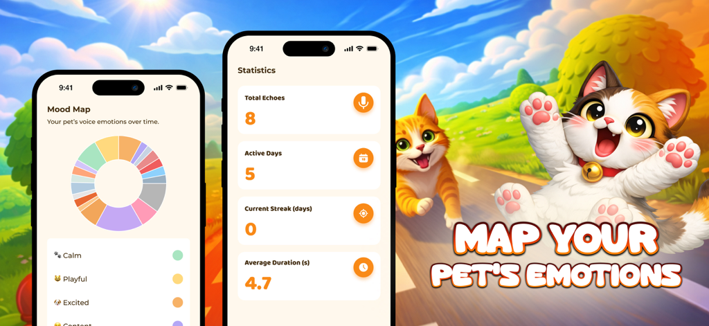 My Echo Collar : Pet Whisper - App interface showing pet mood map statistics and cute illustrations of cats.