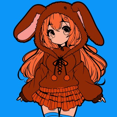 pretty anime girl wearing a fluffy hoodie with bunny ears on the hood and a skirt