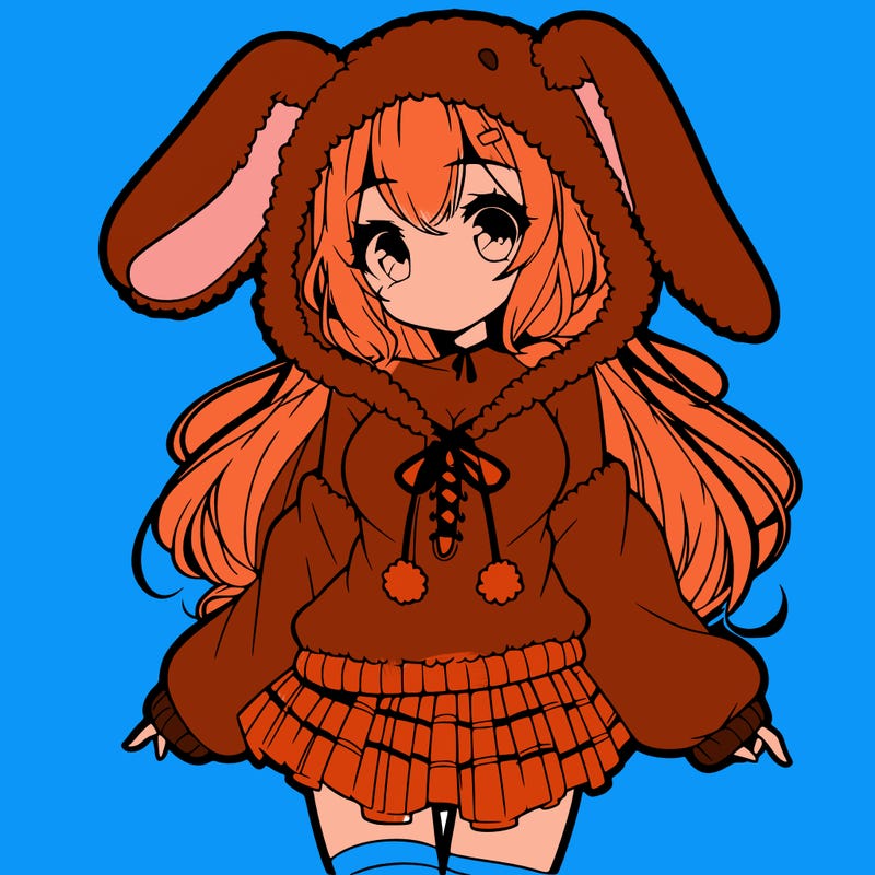 pretty anime girl wearing a fluffy hoodie with bunny ears on the hood and a skirt