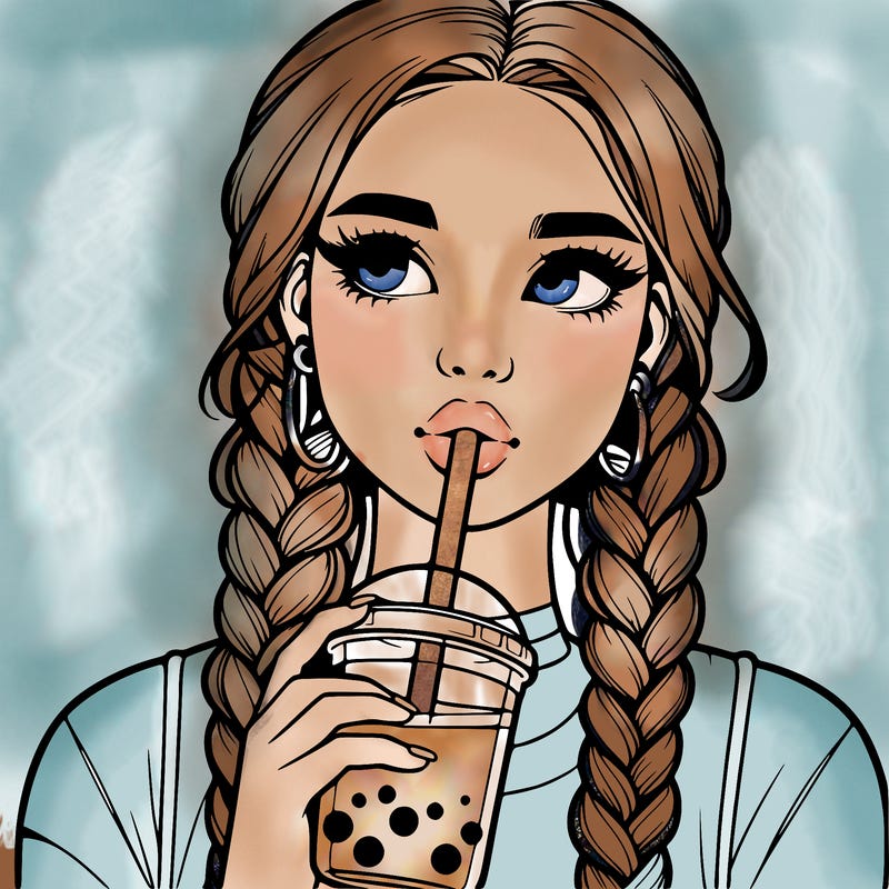 realistic girl with braided hair drinking boba