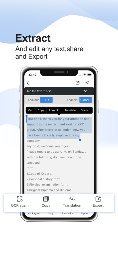 Interface de l'application Simple Scanner démontrant l'extraction et l'édition de texte OCR sur un appareil mobile.