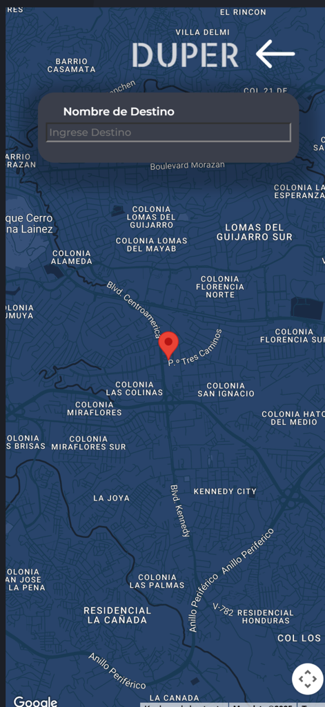 Duper VIP - Interfaz de la aplicación Duper VIP que muestra un mapa con un campo para ingresar el destino